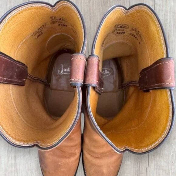 Justin Western Cowboy Boots Tan Brown Leather Pull-On Mens Size 10.5B Style 3408 - Picture 5 of 7